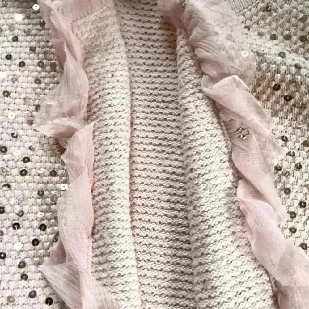Pink shiny beads  embellished ruffle edged neck Catdigan Size M/L